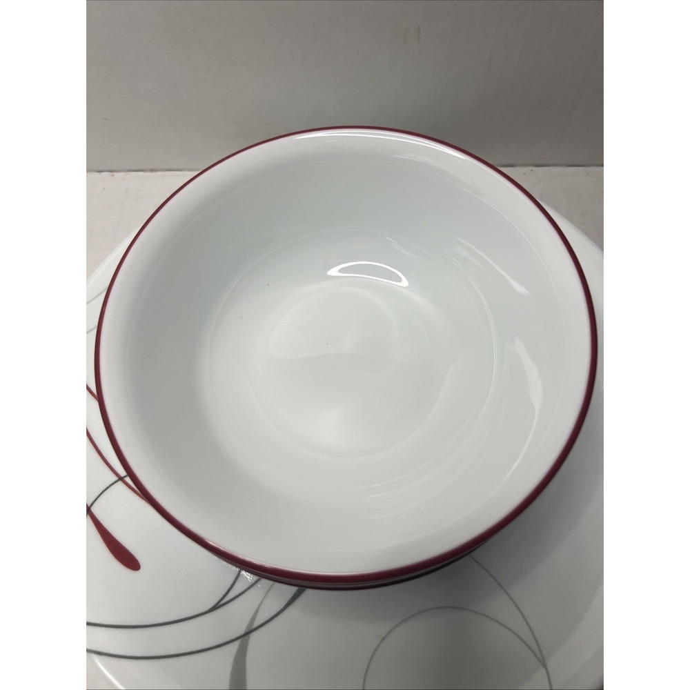 LOT 7 Pcs Corelle SPLENDOR Dinner & Bread Plates Cereal Bowls Red Gray Swirl - Picture 4 of 5